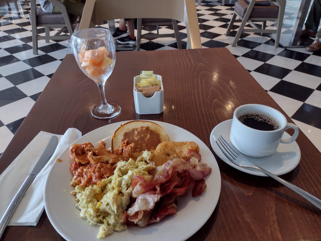 Breakfast plate and drinks